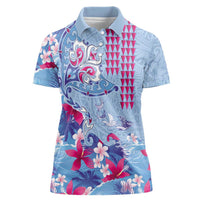 Hawaiian Tribal Manta Ray Women Polo Shirt Kakau Tattoo and Flowers Surfing Waves Pattern Soft Color LT03 Female Multicolor - Polynesian Pride