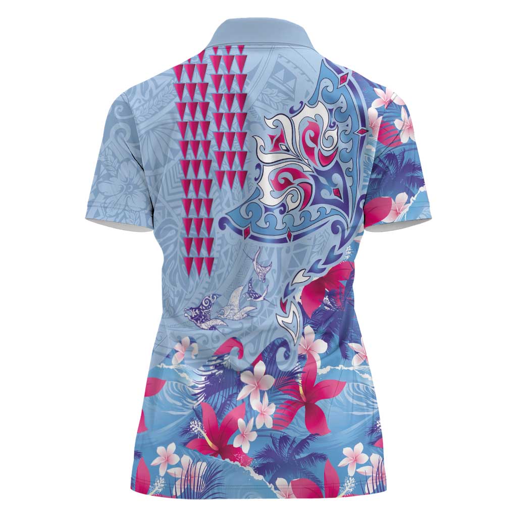 Hawaiian Tribal Manta Ray Women Polo Shirt Kakau Tattoo and Flowers Surfing Waves Pattern Soft Color LT03 - Polynesian Pride