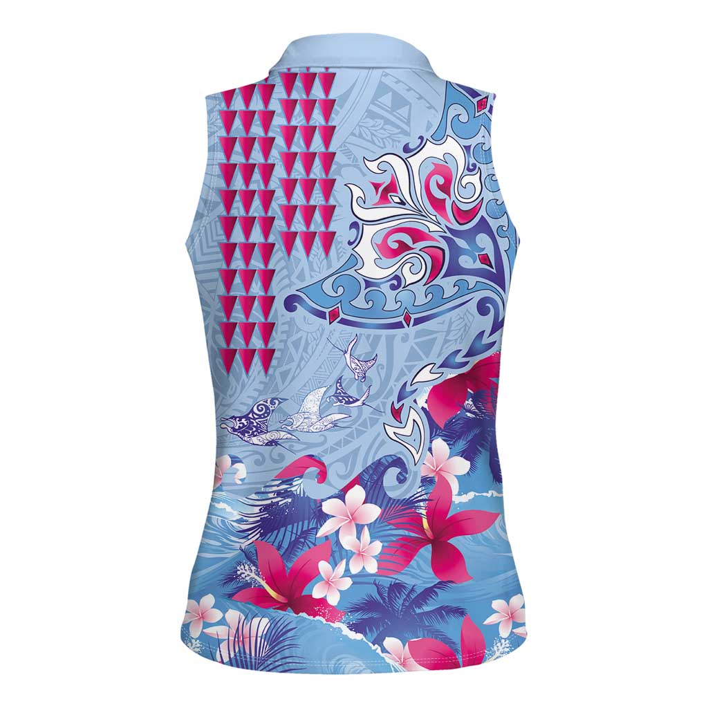 Hawaiian Tribal Manta Ray Women Sleeveless Polo Shirt Kakau Tattoo and Flowers Surfing Waves Pattern Soft Color LT03 - Polynesian Pride