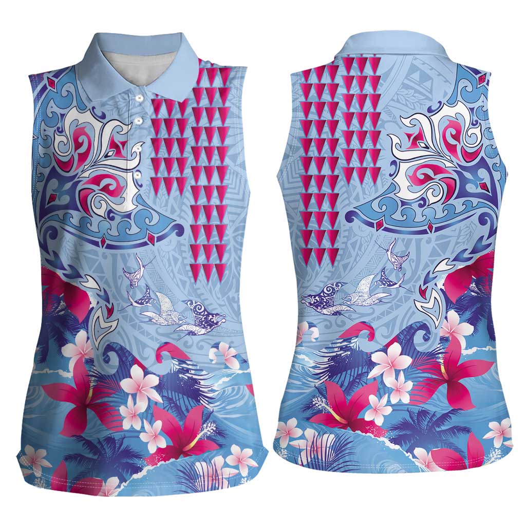 Hawaiian Tribal Manta Ray Women Sleeveless Polo Shirt Kakau Tattoo and Flowers Surfing Waves Pattern Soft Color LT03 - Polynesian Pride