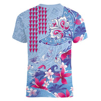 Hawaiian Tribal Manta Ray Women V-Neck T-Shirt Kakau Tattoo and Flowers Surfing Waves Pattern Soft Color LT03 - Polynesian Pride