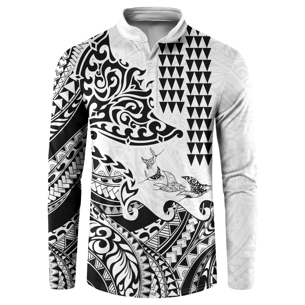 Hawaiian Tribal Manta Ray Button Sweatshirt Kakau Tattoo and Polynesian Art Motif Pattern