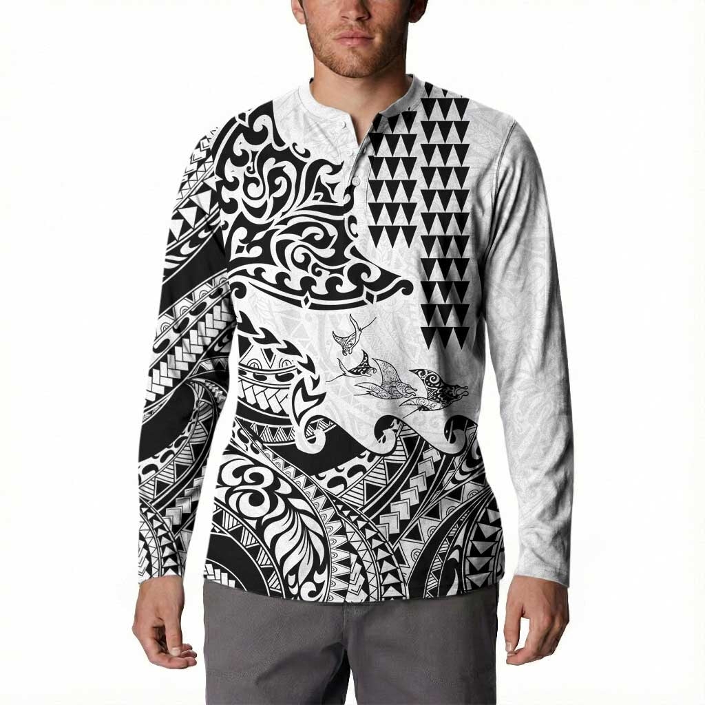 Hawaiian Tribal Manta Ray Button Sweatshirt Kakau Tattoo and Polynesian Art Motif Pattern