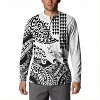 Hawaiian Tribal Manta Ray Button Sweatshirt Kakau Tattoo and Polynesian Art Motif Pattern
