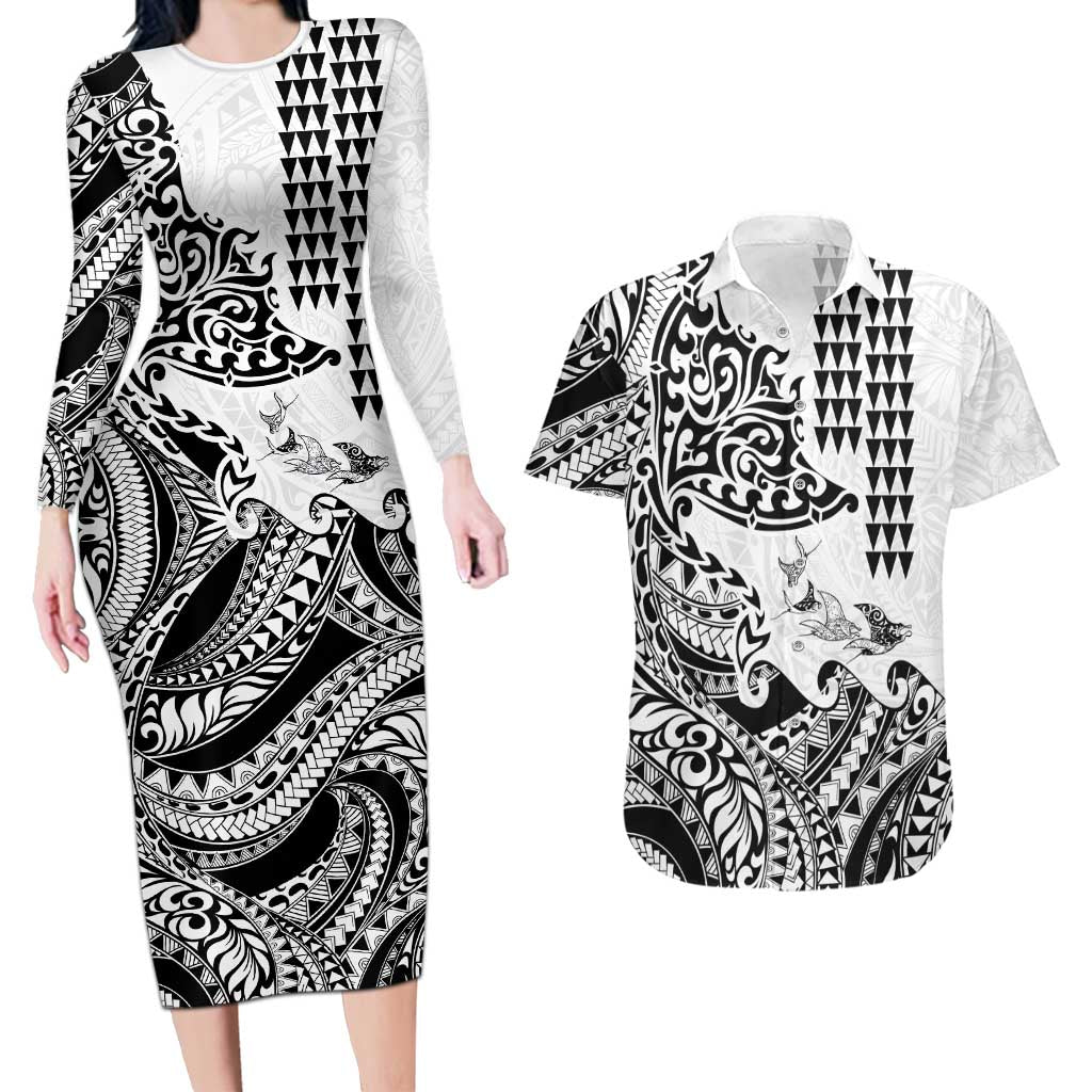 Hawaiian Tribal Manta Ray Couples Matching Long Sleeve Bodycon Dress and Hawaiian Shirt Kakau Tattoo and Polynesian Art Motif Pattern LT03 Multicolor - Polynesian Pride