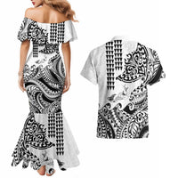 Hawaiian Tribal Manta Ray Couples Matching Mermaid Dress and Hawaiian Shirt Kakau Tattoo and Polynesian Art Motif Pattern LT03 - Polynesian Pride