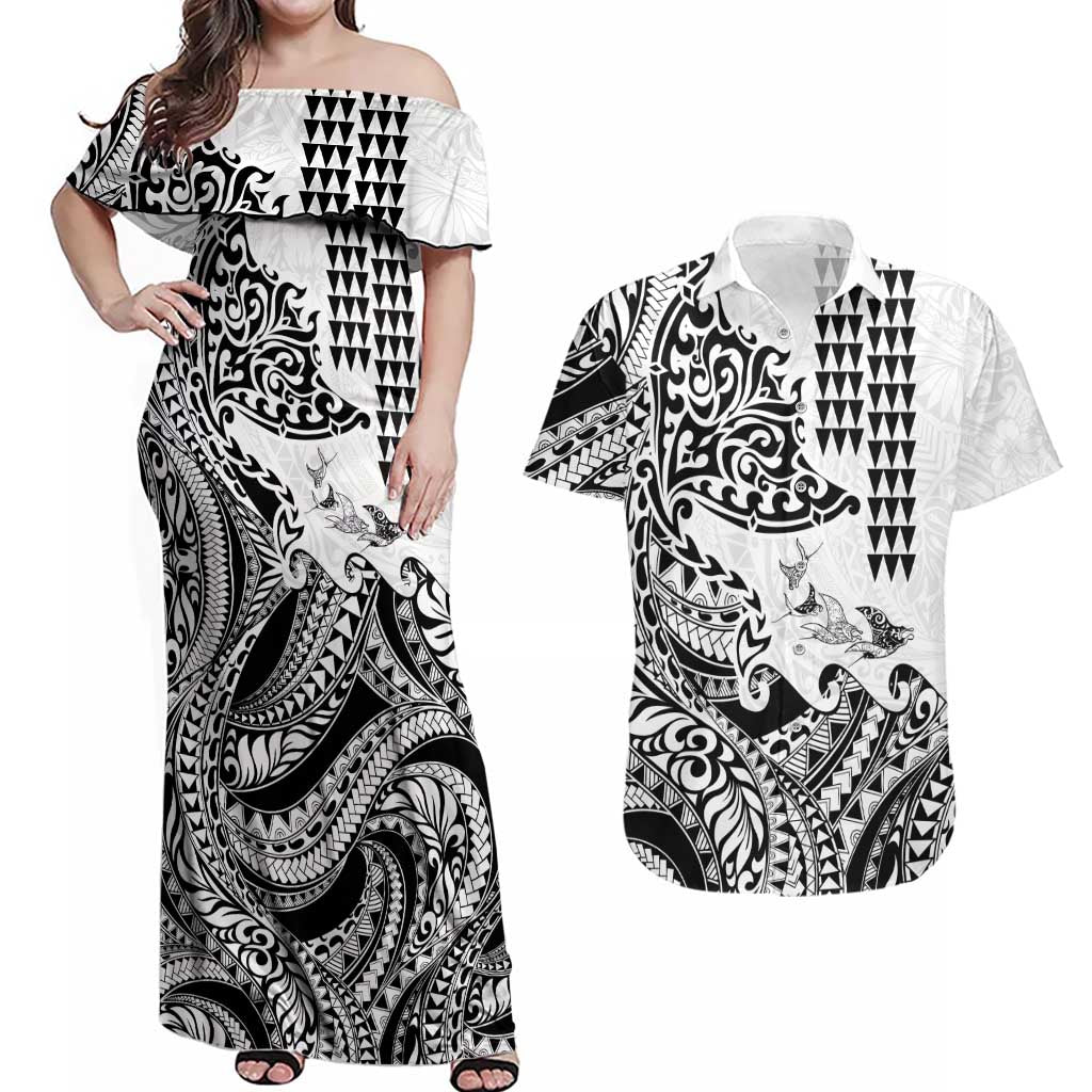 Hawaiian Tribal Manta Ray Couples Matching Off Shoulder Maxi Dress and Hawaiian Shirt Kakau Tattoo and Polynesian Art Motif Pattern LT03 Multicolor - Polynesian Pride