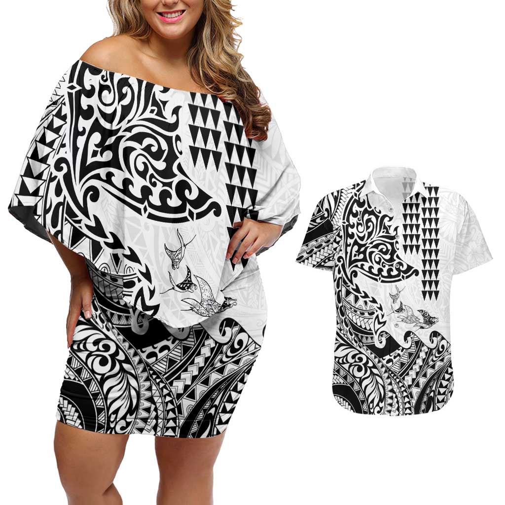 Hawaiian Tribal Manta Ray Couples Matching Off Shoulder Short Dress and Hawaiian Shirt Kakau Tattoo and Polynesian Art Motif Pattern LT03 Multicolor - Polynesian Pride