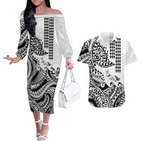 Hawaiian Tribal Manta Ray Couples Matching Off The Shoulder Long Sleeve Dress and Hawaiian Shirt Kakau Tattoo and Polynesian Art Motif Pattern LT03 Multicolor - Polynesian Pride