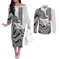 Hawaiian Tribal Manta Ray Couples Matching Off The Shoulder Long Sleeve Dress and Long Sleeve Button Shirt Kakau Tattoo and Polynesian Art Motif Pattern LT03 Multicolor - Polynesian Pride
