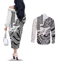 Hawaiian Tribal Manta Ray Couples Matching Off The Shoulder Long Sleeve Dress and Long Sleeve Button Shirt Kakau Tattoo and Polynesian Art Motif Pattern LT03 - Polynesian Pride