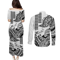 Hawaiian Tribal Manta Ray Couples Matching Puletasi and Long Sleeve Button Shirt Kakau Tattoo and Polynesian Art Motif Pattern LT03 - Polynesian Pride
