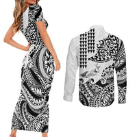 Hawaiian Tribal Manta Ray Couples Matching Short Sleeve Bodycon Dress and Long Sleeve Button Shirt Kakau Tattoo and Polynesian Art Motif Pattern LT03 - Polynesian Pride