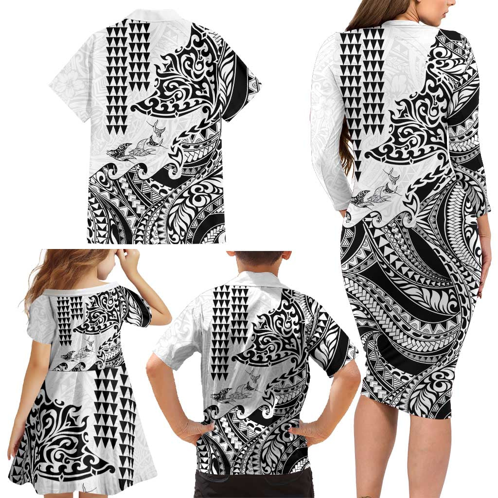 Hawaiian Tribal Manta Ray Family Matching Long Sleeve Bodycon Dress and Hawaiian Shirt Kakau Tattoo and Polynesian Art Motif Pattern LT03 - Polynesian Pride