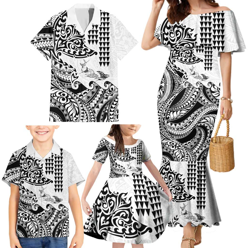 Hawaiian Tribal Manta Ray Family Matching Mermaid Dress and Hawaiian Shirt Kakau Tattoo and Polynesian Art Motif Pattern