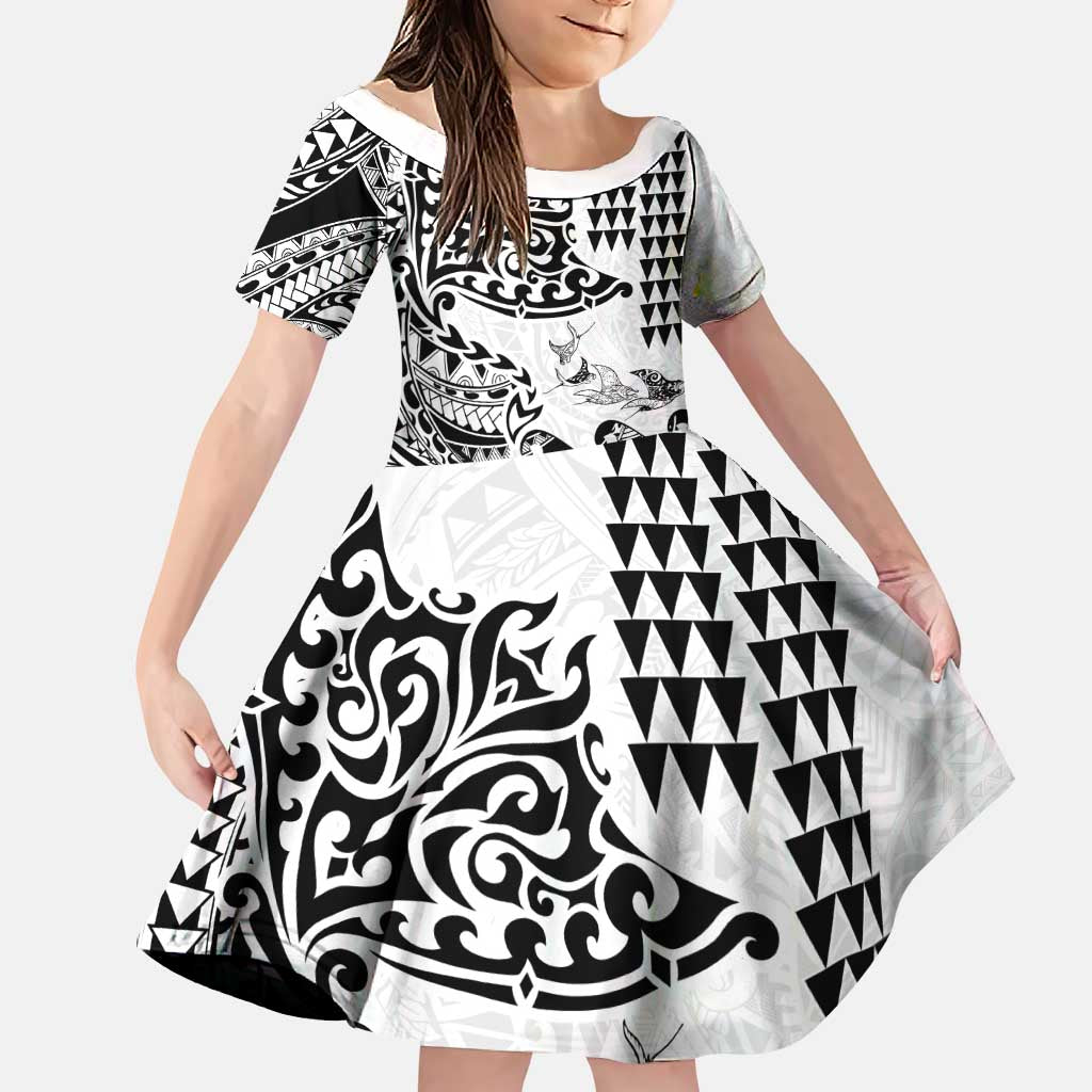 Hawaiian Tribal Manta Ray Family Matching Off The Shoulder Long Sleeve Dress and Hawaiian Shirt Kakau Tattoo and Polynesian Art Motif Pattern LT03 Daughter's Dress Multicolor - Polynesian Pride