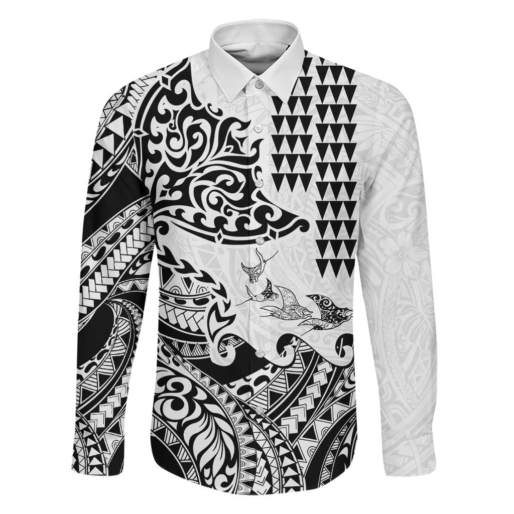 Hawaiian Tribal Manta Ray Family Matching Off Shoulder Maxi Dress and Hawaiian Shirt Kakau Tattoo and Polynesian Art Motif Pattern LT03 Dad's Shirt - Long Sleeve Multicolor - Polynesian Pride