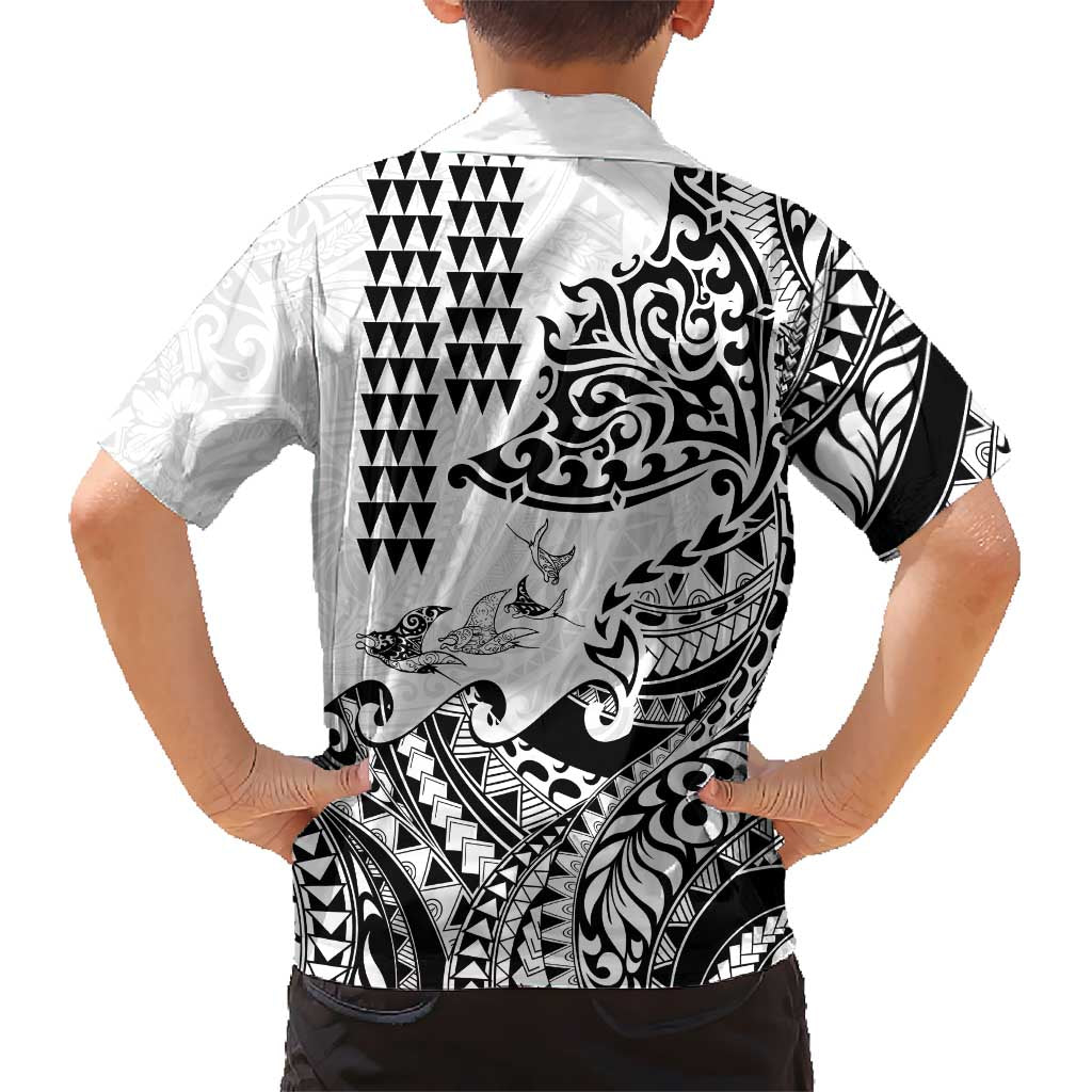 Hawaiian Tribal Manta Ray Family Matching Off Shoulder Short Dress and Hawaiian Shirt Kakau Tattoo and Polynesian Art Motif Pattern LT03 - Polynesian Pride