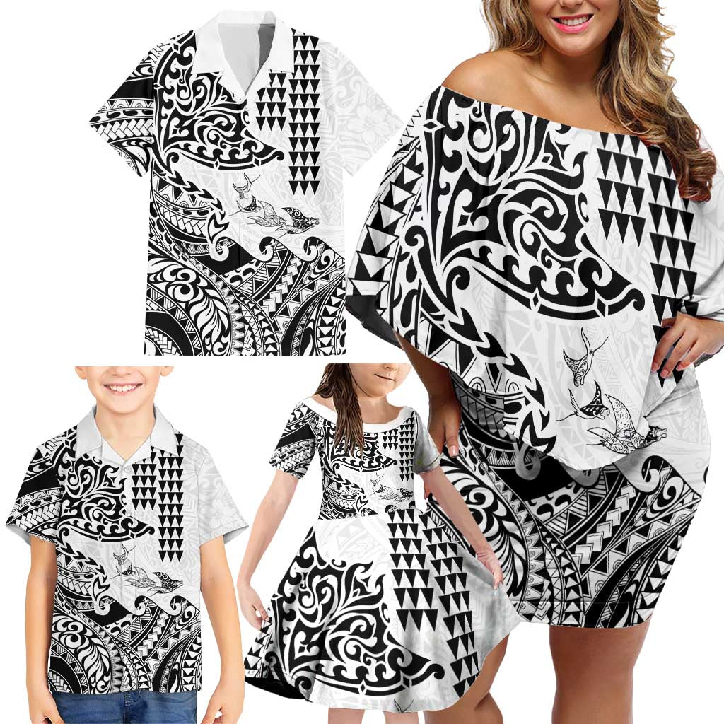 Hawaiian Tribal Manta Ray Family Matching Off Shoulder Short Dress and Hawaiian Shirt Kakau Tattoo and Polynesian Art Motif Pattern LT03 - Polynesian Pride