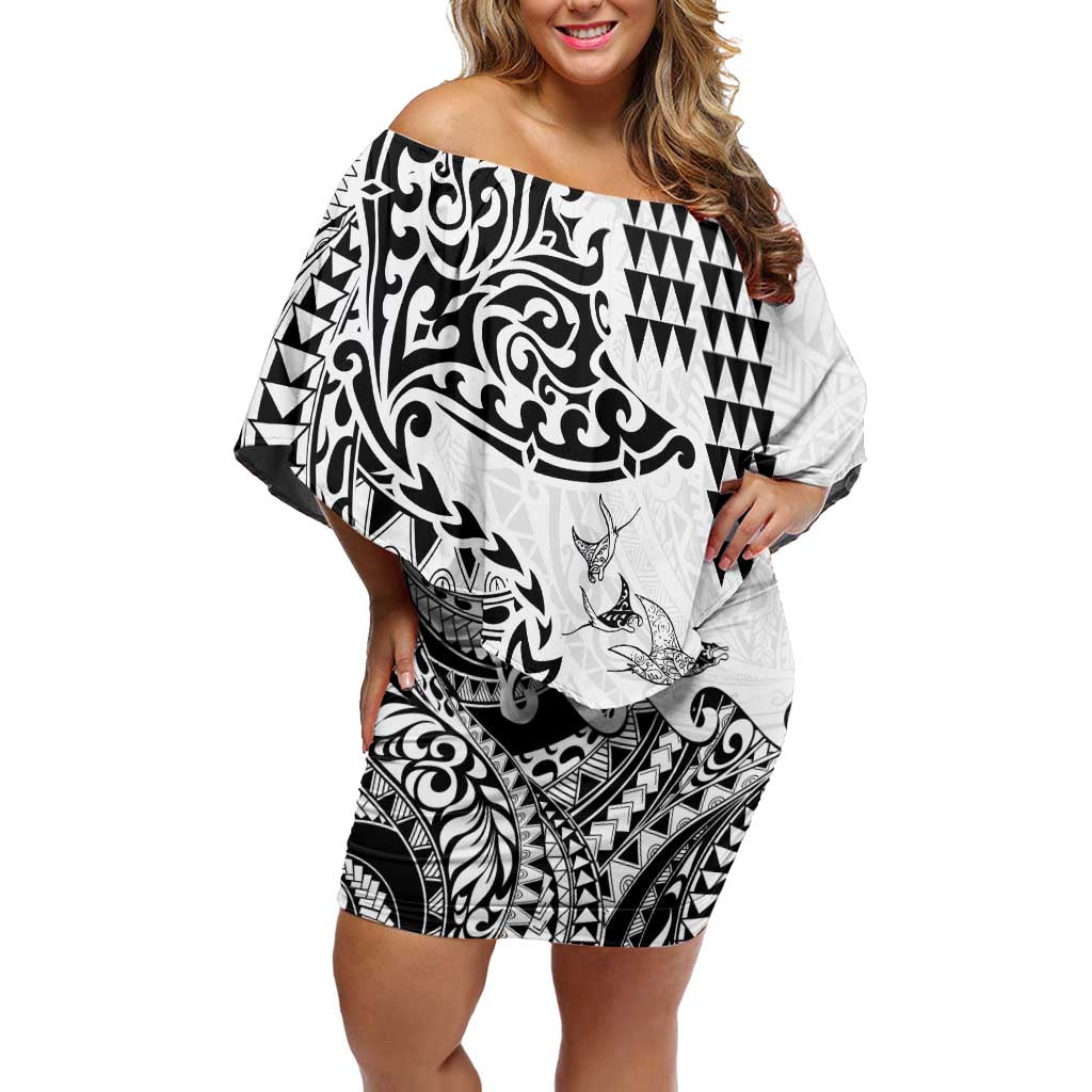 Hawaiian Tribal Manta Ray Family Matching Off Shoulder Short Dress and Hawaiian Shirt Kakau Tattoo and Polynesian Art Motif Pattern LT03 Mom's Dress Multicolor - Polynesian Pride