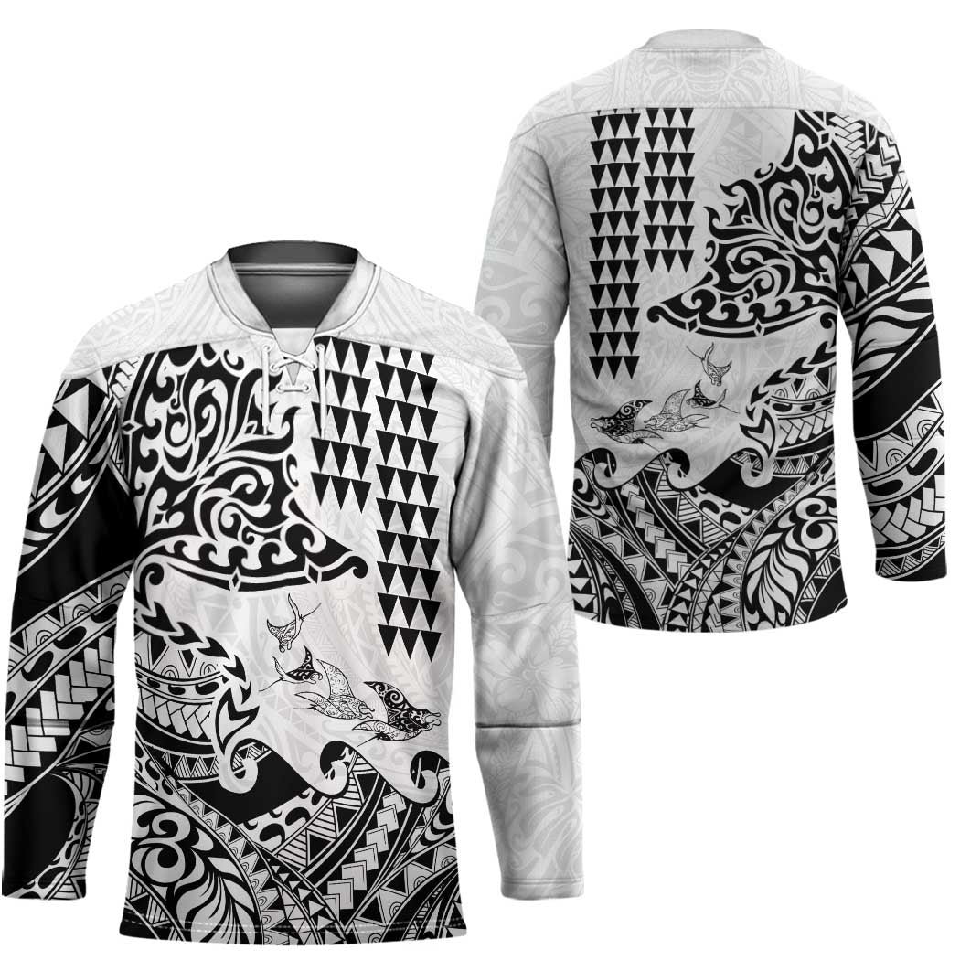 Hawaiian Tribal Manta Ray Hockey Jersey Kakau Tattoo and Polynesian Art Motif Pattern