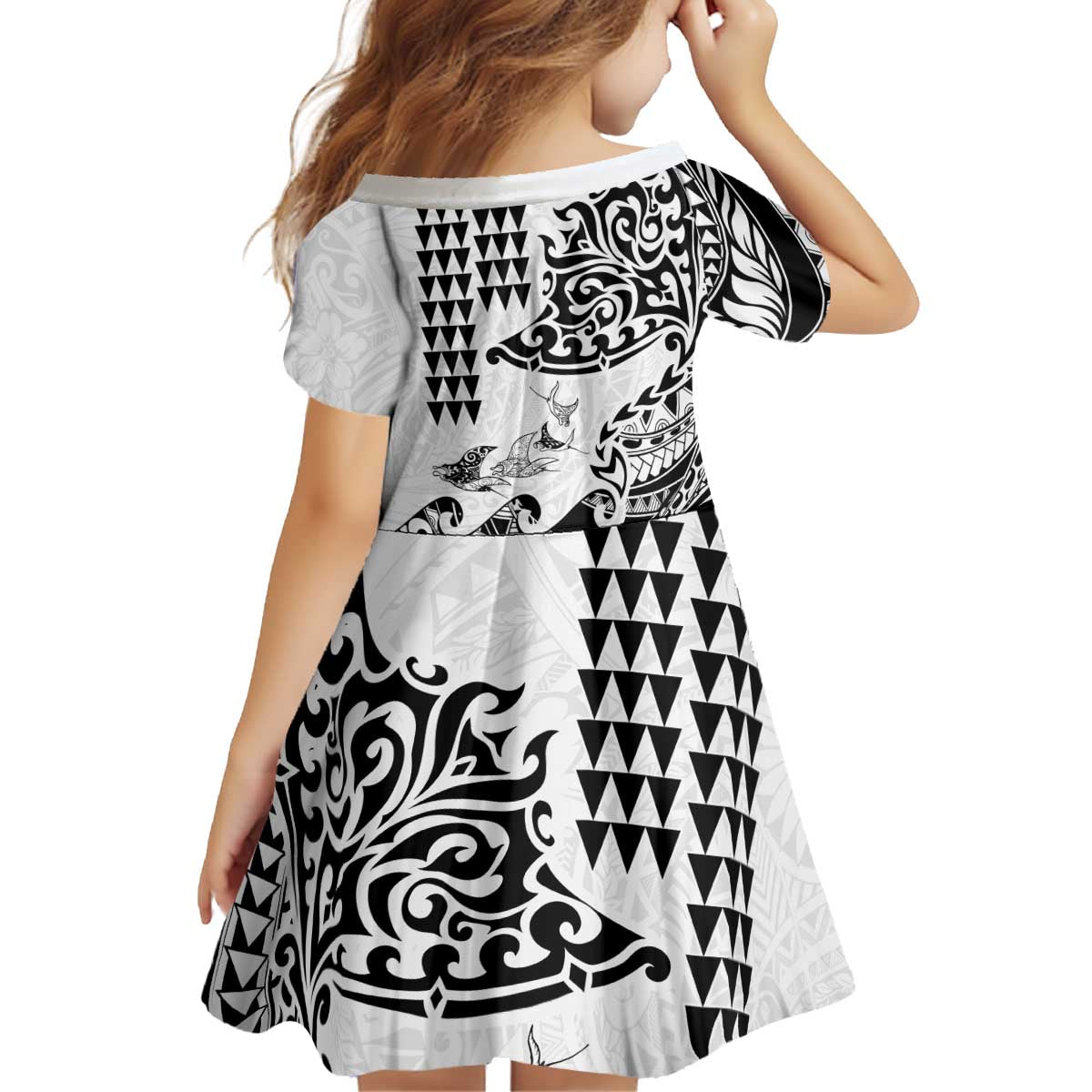 Hawaiian Tribal Manta Ray Kid Short Sleeve Dress Kakau Tattoo and Polynesian Art Motif Pattern