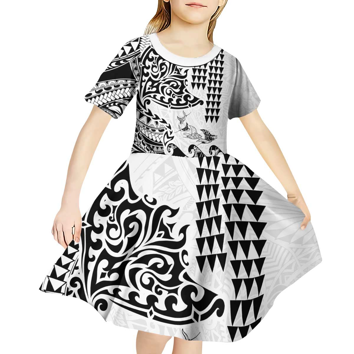 Hawaiian Tribal Manta Ray Kid Short Sleeve Dress Kakau Tattoo and Polynesian Art Motif Pattern
