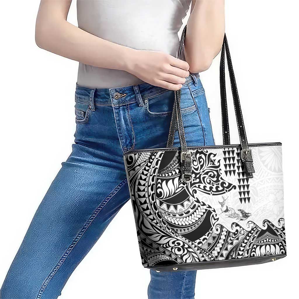 Hawaiian Tribal Manta Ray Leather Tote Bag Kakau Tattoo and Polynesian Art Motif Pattern