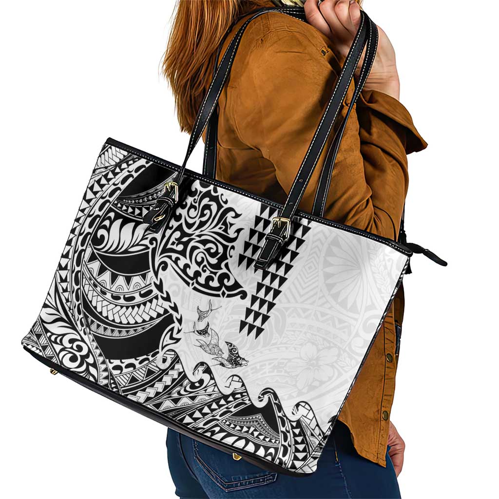 Hawaiian Tribal Manta Ray Leather Tote Bag Kakau Tattoo and Polynesian Art Motif Pattern