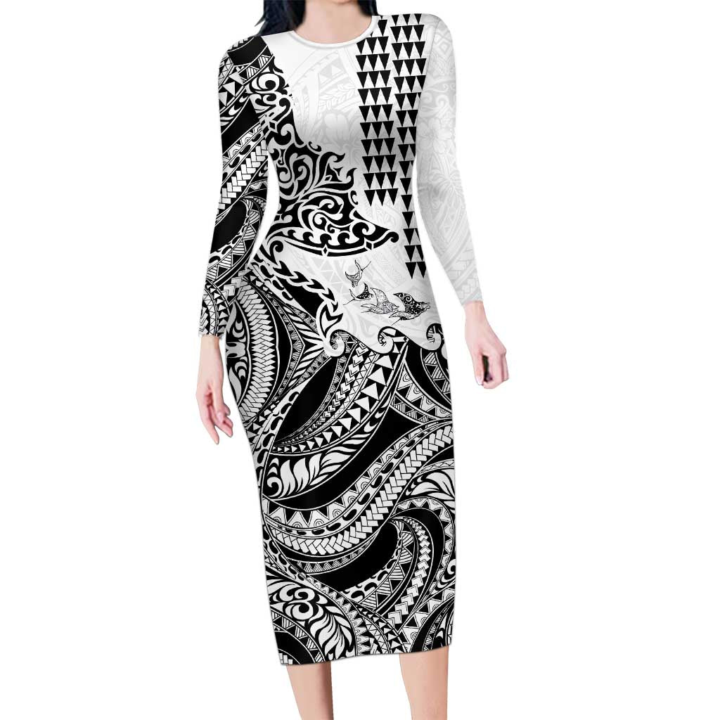 Hawaiian Tribal Manta Ray Long Sleeve Bodycon Dress Kakau Tattoo and Polynesian Art Motif Pattern