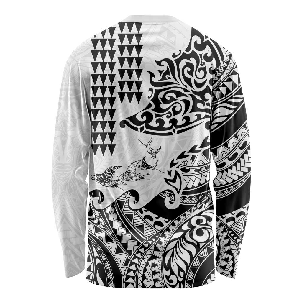 Hawaiian Tribal Manta Ray Long Sleeve Shirt Kakau Tattoo and Polynesian Art Motif Pattern