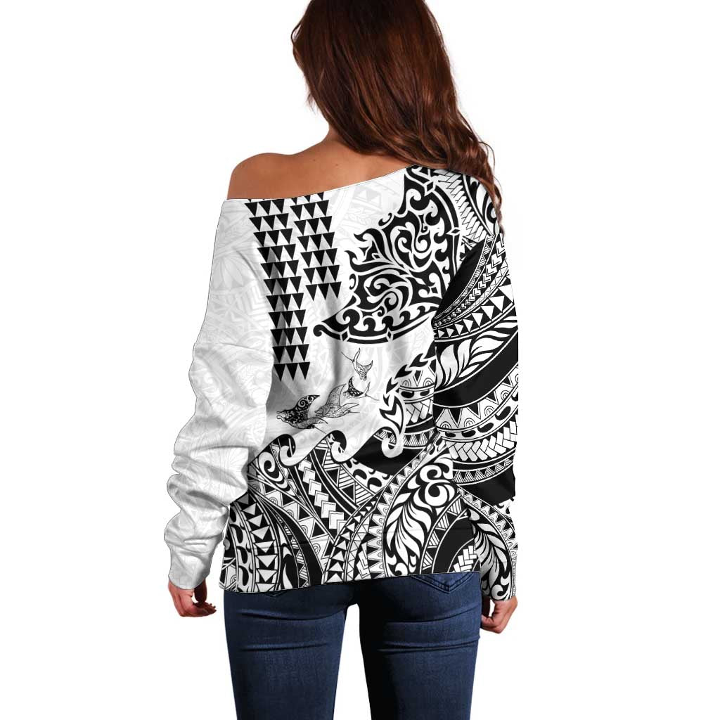 Hawaiian Tribal Manta Ray Off Shoulder Sweater Kakau Tattoo and Polynesian Art Motif Pattern
