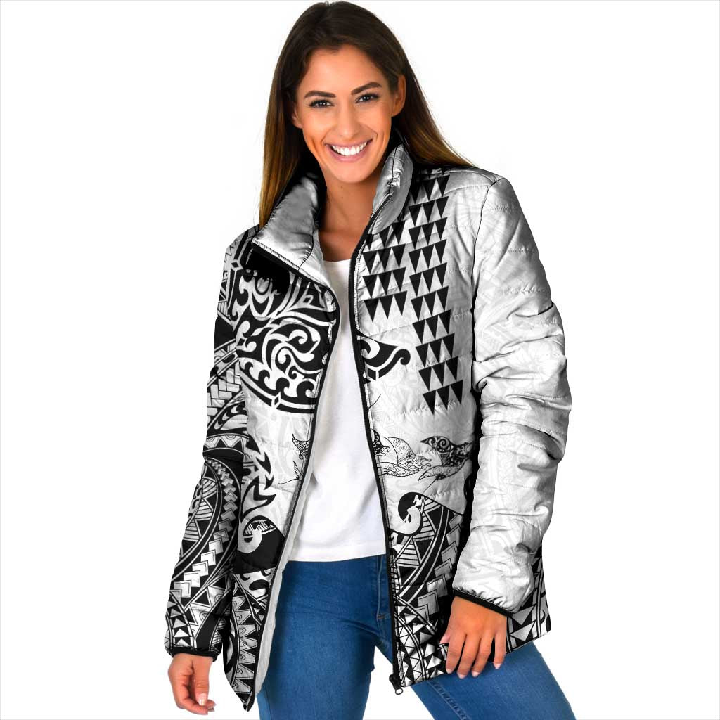 Hawaiian Tribal Manta Ray Padded Jacket Kakau Tattoo and Polynesian Art Motif Pattern