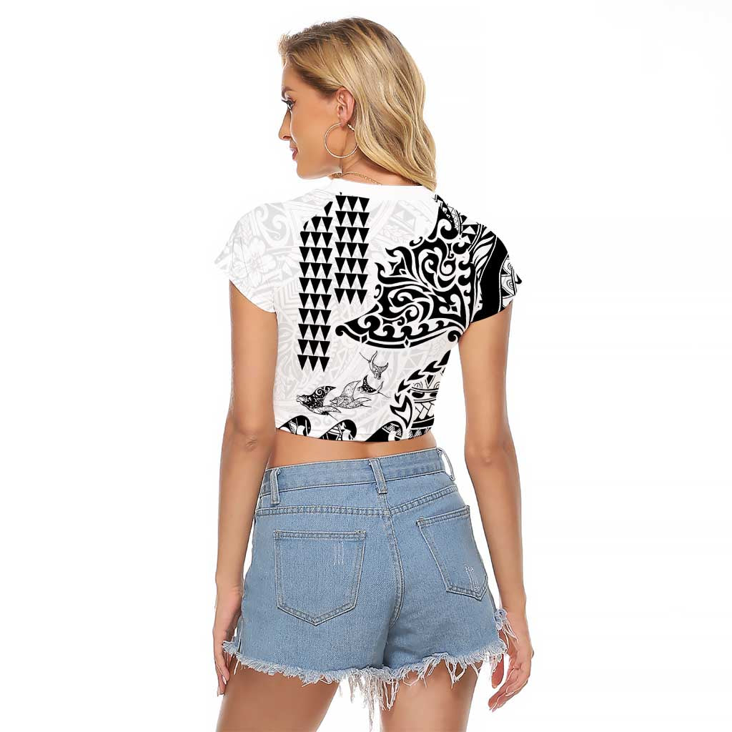 Hawaiian Tribal Manta Ray Raglan Cropped T Shirt Kakau Tattoo and Polynesian Art Motif Pattern