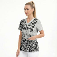 Hawaiian Tribal Manta Ray Scrub Top Kakau Tattoo and Polynesian Art Motif Pattern