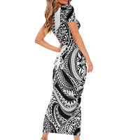 Hawaiian Tribal Manta Ray Short Sleeve Bodycon Dress Kakau Tattoo and Polynesian Art Motif Pattern LT03 - Polynesian Pride