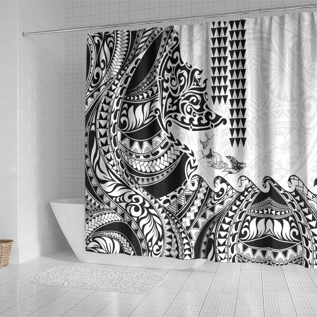 Hawaiian Tribal Manta Ray Shower Curtain Kakau Tattoo and Polynesian Art Motif Pattern
