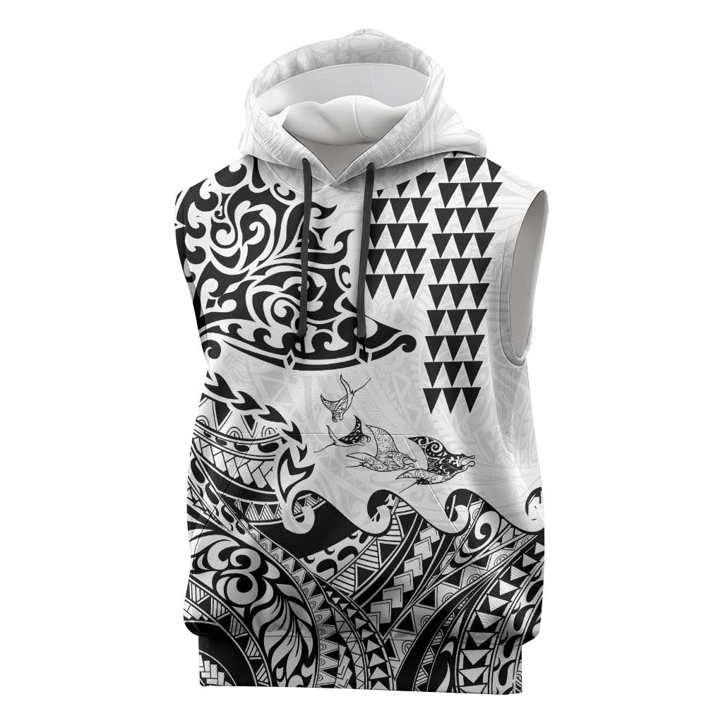 Hawaiian Tribal Manta Ray Sleeveless Hoodie Kakau Tattoo and Polynesian Art Motif Pattern