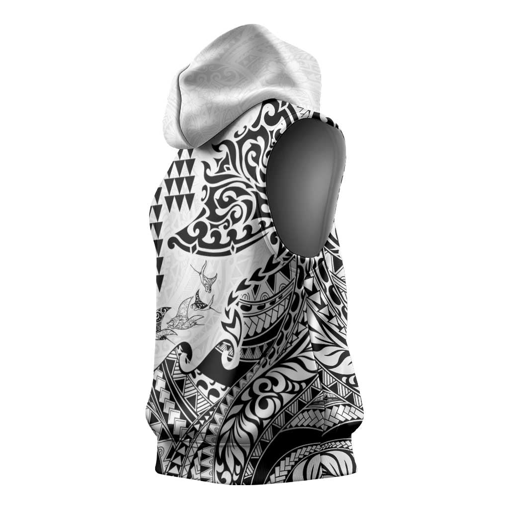 Hawaiian Tribal Manta Ray Sleeveless Hoodie Kakau Tattoo and Polynesian Art Motif Pattern