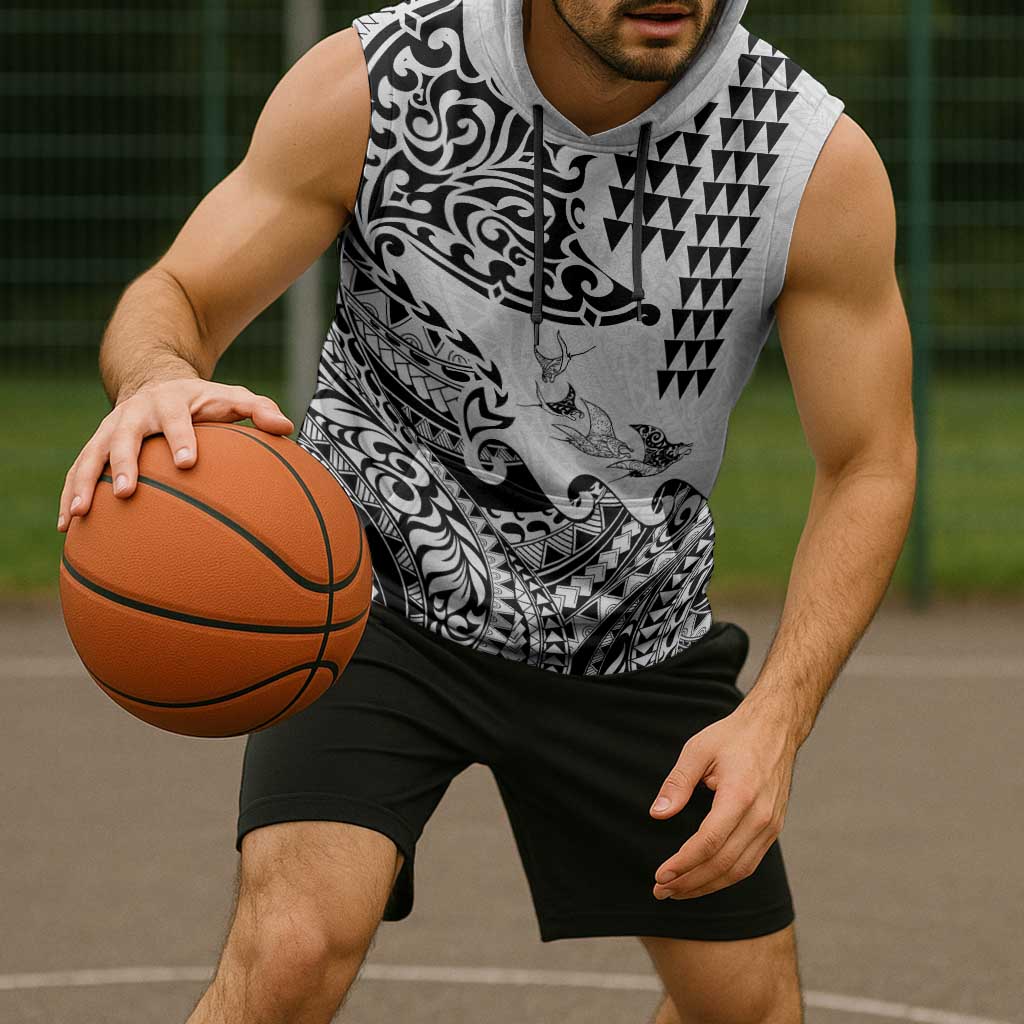 Hawaiian Tribal Manta Ray Sleeveless Hoodie Kakau Tattoo and Polynesian Art Motif Pattern