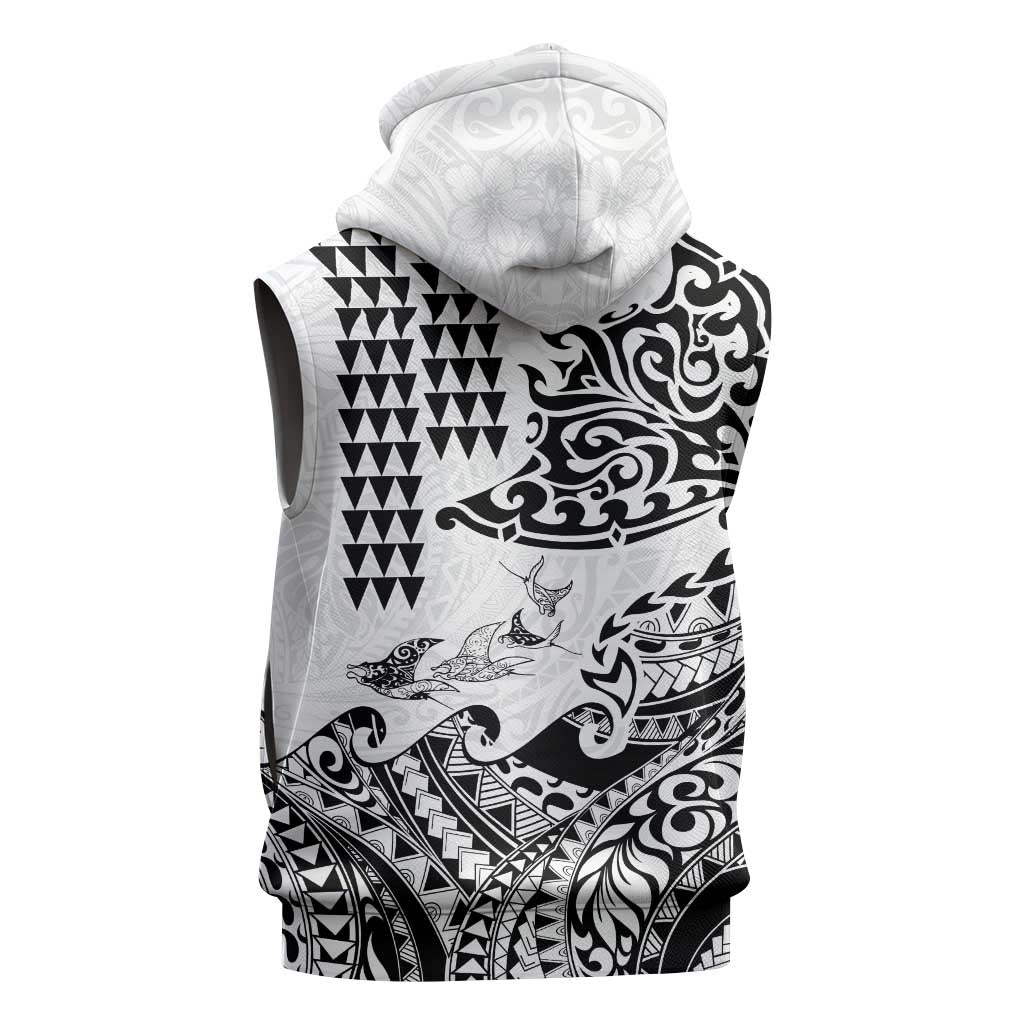Hawaiian Tribal Manta Ray Sleeveless Zip Hoodie Kakau Tattoo and Polynesian Art Motif Pattern