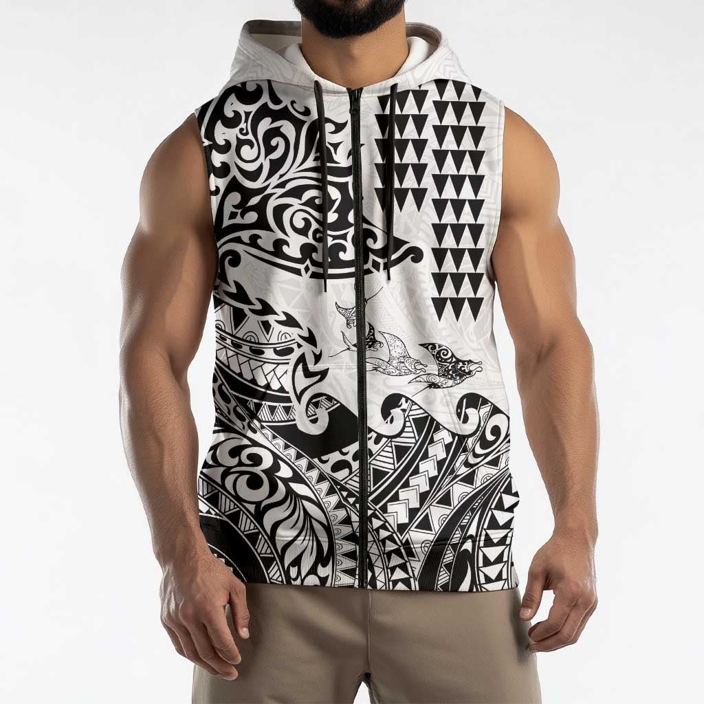 Hawaiian Tribal Manta Ray Sleeveless Zip Hoodie Kakau Tattoo and Polynesian Art Motif Pattern