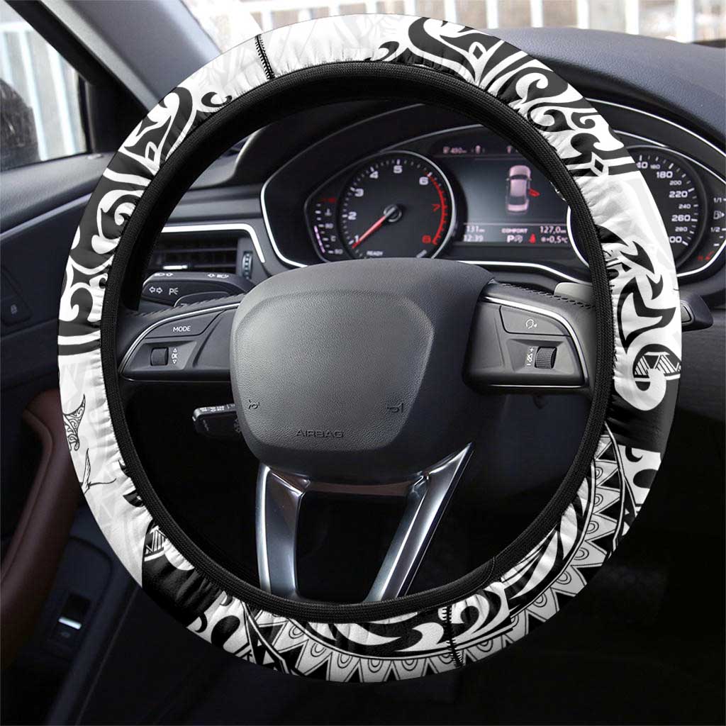 Hawaiian Tribal Manta Ray Steering Wheel Cover Kakau Tattoo and Polynesian Art Motif Pattern