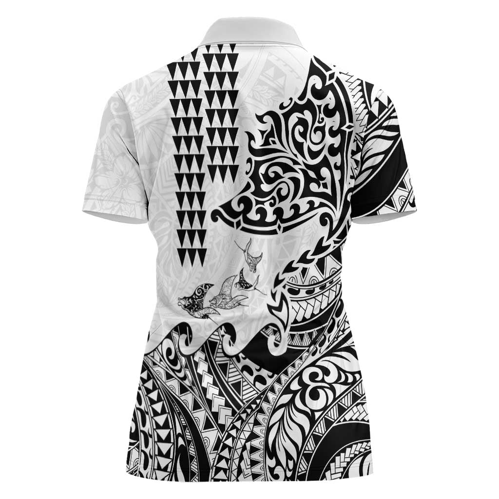 Hawaiian Tribal Manta Ray Women Polo Shirt Kakau Tattoo and Polynesian Art Motif Pattern