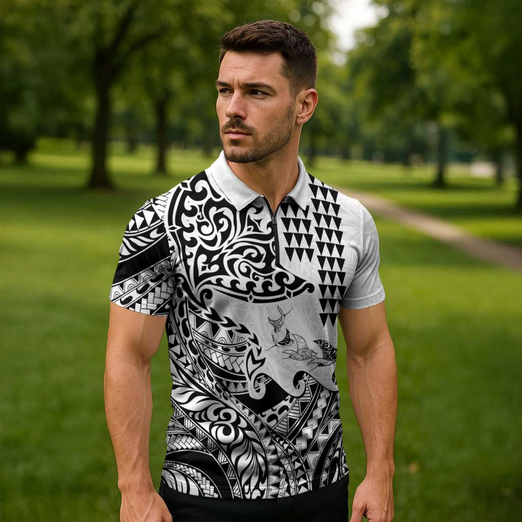 Hawaiian Tribal Manta Ray Zipper Polo Shirt Kakau Tattoo and Polynesian Art Motif Pattern