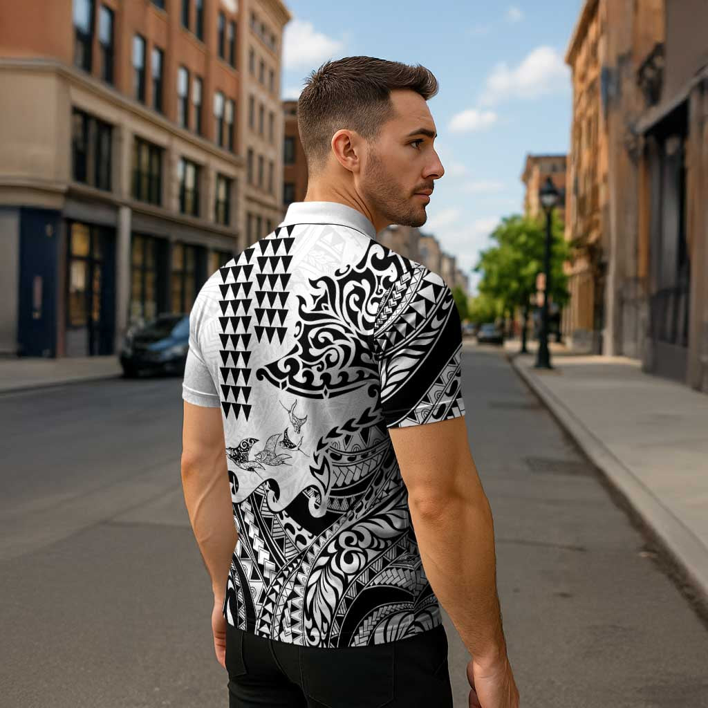 Hawaiian Tribal Manta Ray Zipper Polo Shirt Kakau Tattoo and Polynesian Art Motif Pattern