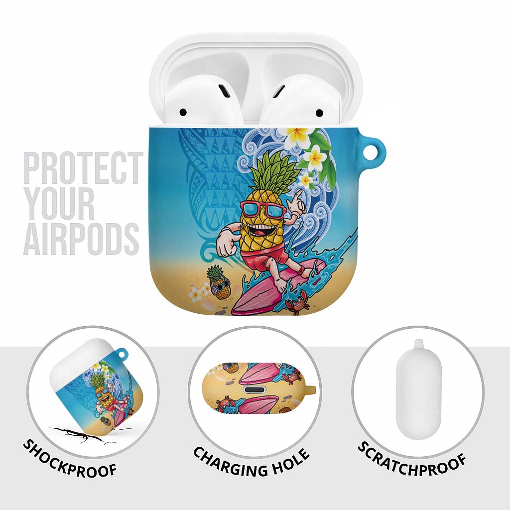 Hawaiian Funny Pineapple Surfing AirPods Case Beach with Tribal Kakau and Plumeria