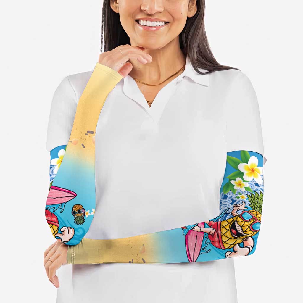 Hawaiian Funny Pineapple Surfing Arm Sleeves Beach with Tribal Kakau and Plumeria