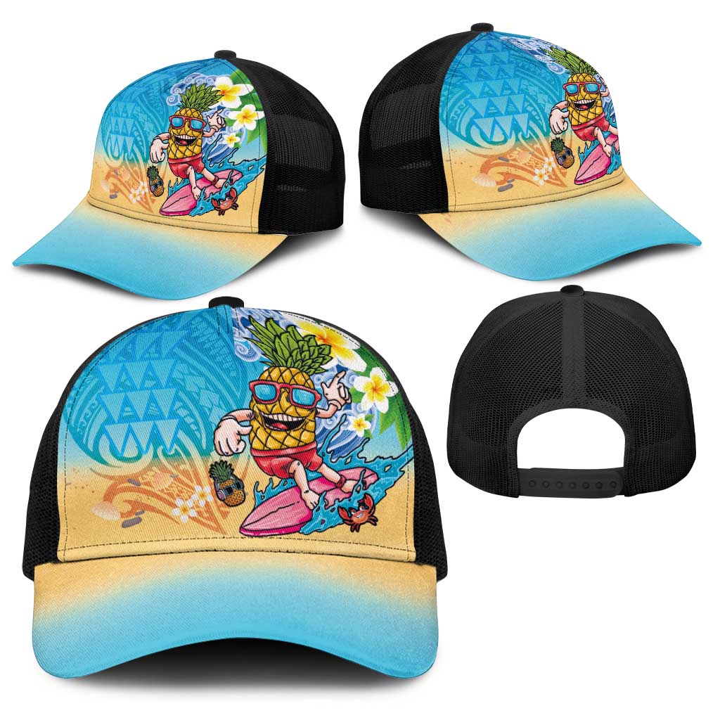Hawaiian Funny Pineapple Surfing Baseball Net Cap Beach with Tribal Kakau and Plumeria