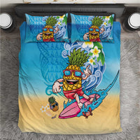 Hawaiian Funny Pineapple Surfing Bedding Set Beach with Tribal Kakau and Plumeria